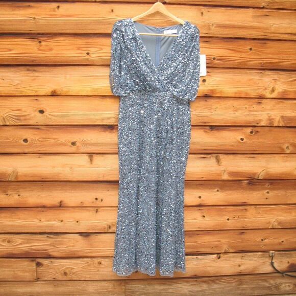 Mac Duggal 5640 Womens Blue Draped Sleeve V Neck Gown - Picture 5 of 12